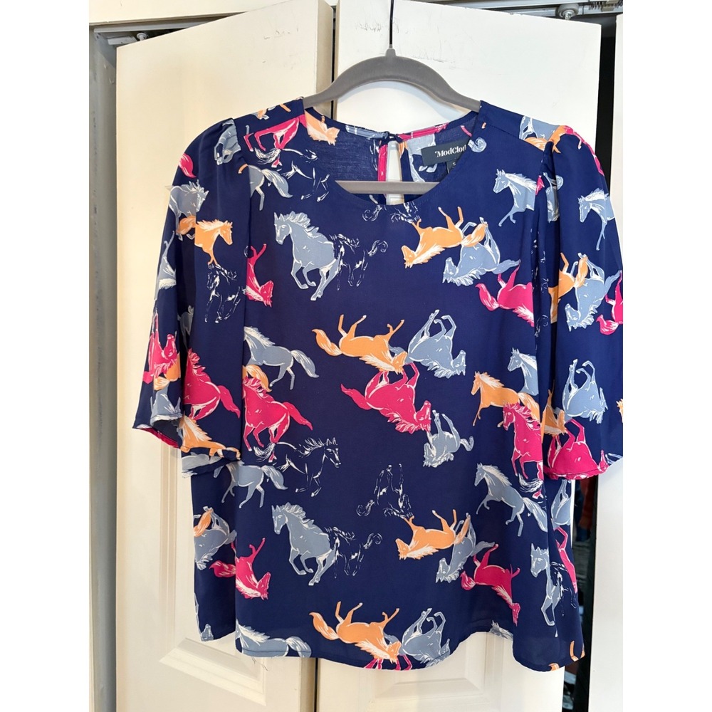ModCloth Horse Print Equestrian‎ Boho Blouse S – Navy Long Sleeve